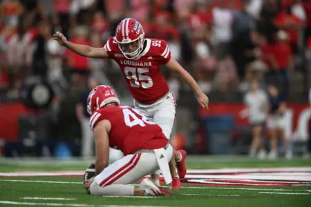 Tony Sterner kicks a 47-yard field goal against Rice at Our Lady of Lourdes Stadium