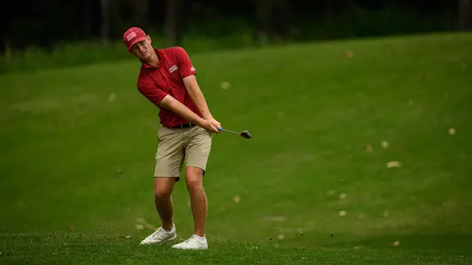 Louisiana's Malan Potgieter chips a shot to the green during the second round of the 2026 Sun Belt Conference Men's Golf Championships at Annandale Golf Course in Madison, Miss.