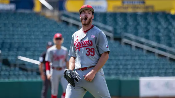 Louisiana's Andrew Herrmann celebrates a strikeout in the Cajuns' 12-11 win over No. 24-ranked Coastal Carolina on May 20, 2026 at DABOS Park