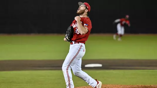 Andrew Herrmann celebrates one of his nine strikeouts in Louisiana's 5-4 win over Coastal Carolina on Friday at Riddle-Pace Field
