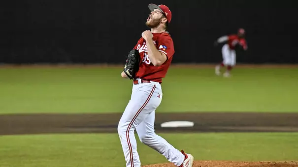 Andrew Herrmann celebrates one of his nine strikeouts in Louisiana's 5-4 win over Coastal Carolina on Friday at Riddle-Pace Field