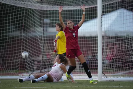 Maria Reyes scores her second goal of the season in Louisiana's 2-0 victory over Nicholls on August 27, 2026 at the Home Bank Soccer and Track Complex