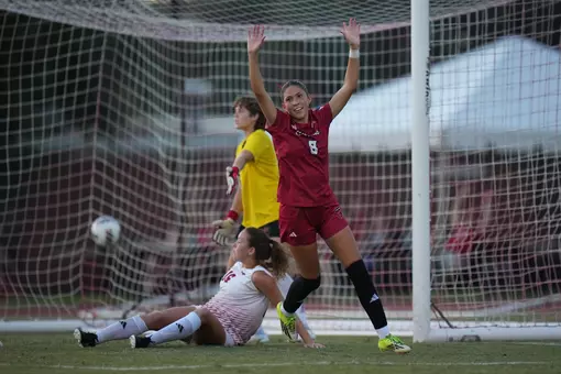 Maria Reyes scores her second goal of the season in Louisiana's 2-0 victory over Nicholls on August 27, 2026 at the Home Bank Soccer and Track Complex
