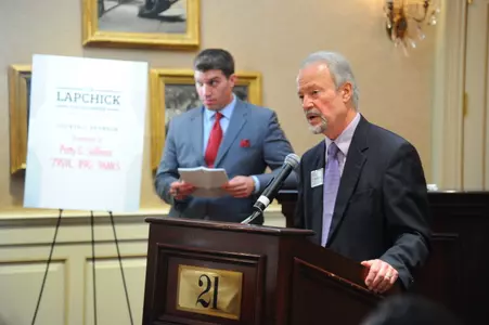 Dr. Richard Lapchick addresses the enthusiastic crowd at the May 9 Joe Lapchick Celebration and Statue Fundraiser in Manhattan.