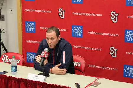 Red Storm head coach Joe Tartamella addresses members of the media during the 2014 St. John's Women's Basketball Media Day.