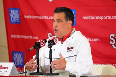 St. John's men's basketball head coach Steve Lavin spoke to the media before the 2014 NIT Season Tip-Off Semifinals at Madison Square Garden.