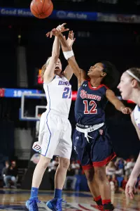 Senior guard Briana Brown block a shot in the Red Storm's 65-57 loss to DePaul.
