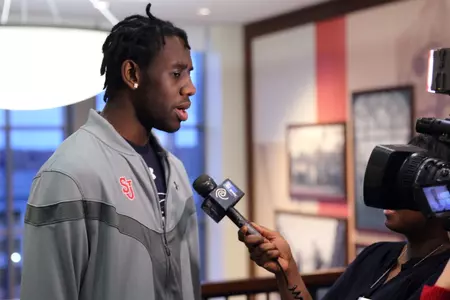 Senior Sir'Dominic Pointer talks with the media after finding out the Red Storm made the NCAA Tournament.