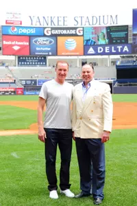Chris Mullin and Barry Rohrssen pose on the field before the first pitch