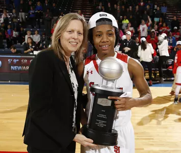 Aliyyah Handford poses with her MOP trophy and BIG EAST Commissioner Val Ackerman