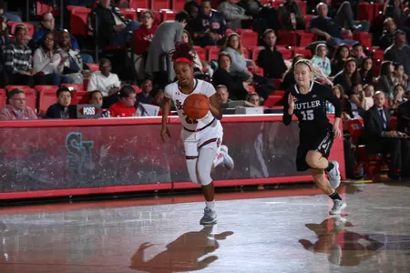 Freshman guard Qadashah Hoppie (21) registered a game-high 16 points off the bench in the Red Storm's 76-38 victory over Butler at Carnesecca Arena