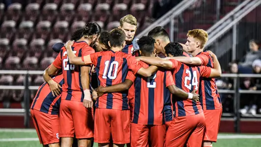The team huddles before its 1-0 win over Penn on Friday, Sept. 13, at Belson Stadium. With the victory, St. John's improved to 5-0-0 for the first time since 1995.