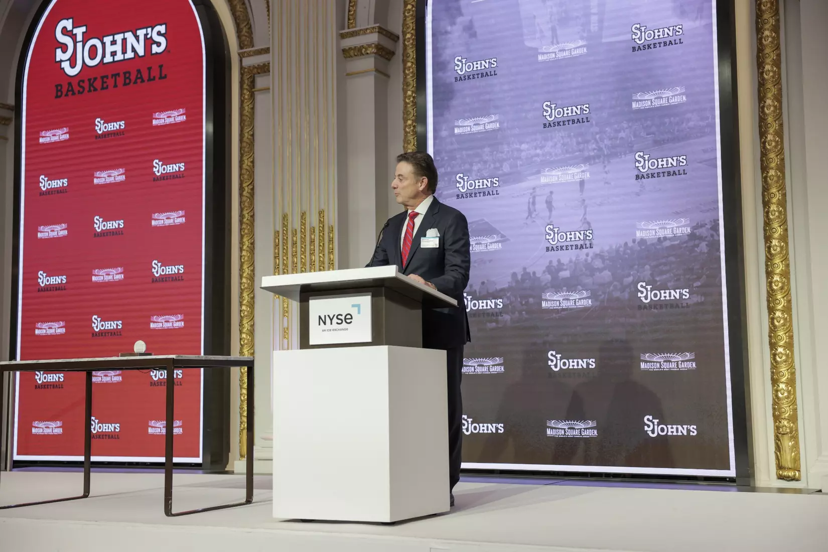 St. John's men's basketball Head Coach Rick Pitino rings The Opening Bell at the New York Stock Exchange on Tuesday.