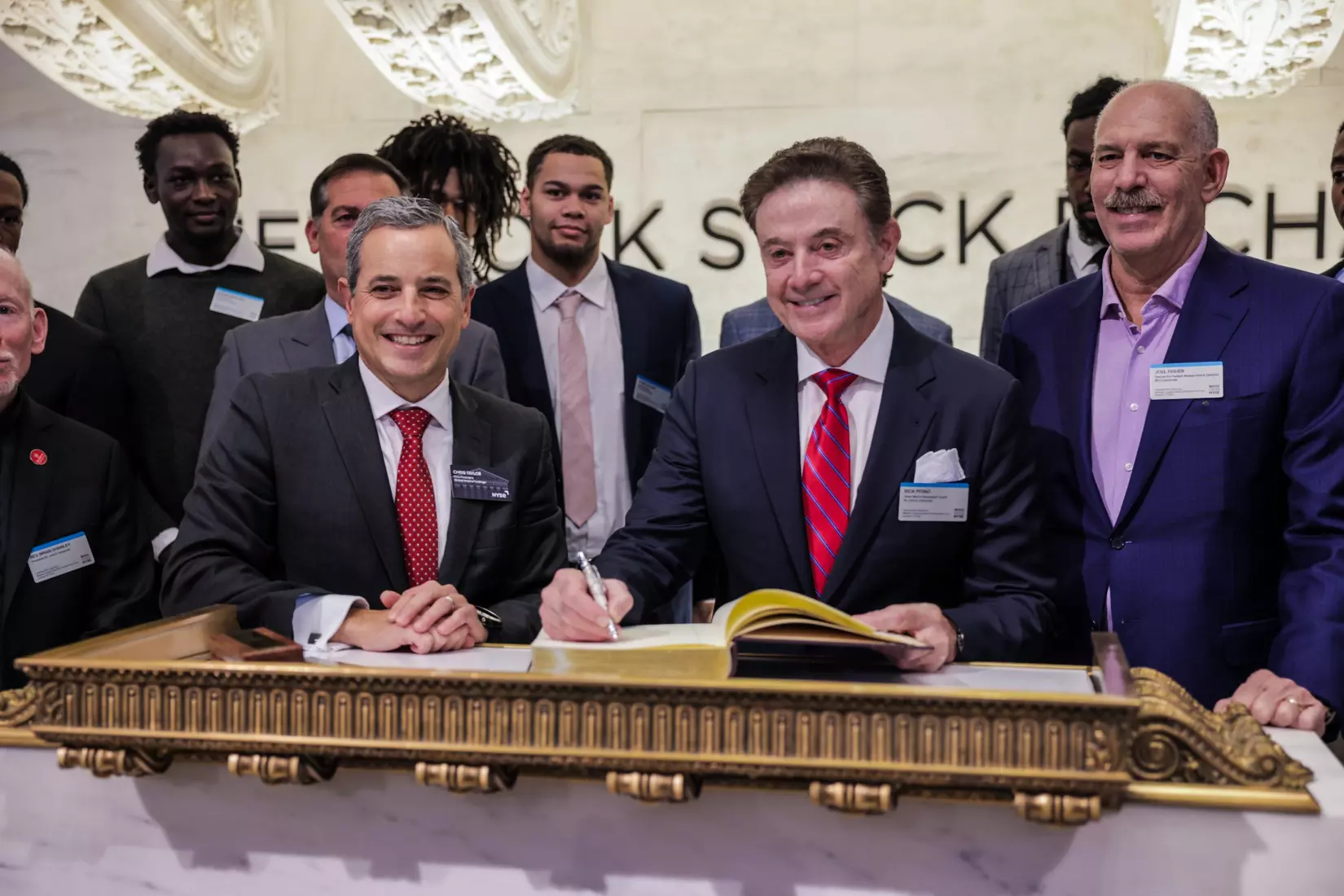 The St. John's men's basketball team rings The Opening Bell at the New York Stock Exchange on Tuesday.