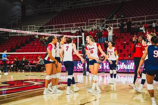 Volleyball celebrates during 3-2 win over Providence on Nov. 1, 2025.