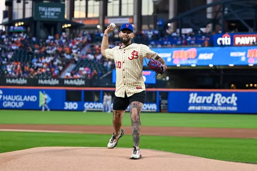 Dylan Johnson threw out an honorary pitch prior to the Mets game against the Braves