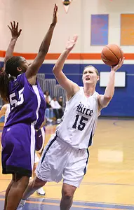 Valeriya Berezhynska poured in 21 points, added nine rebounds and blocked a shot with one second left in a 66-65 victory over Rider.