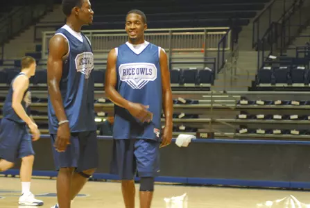 The Rice basketball team stepped foot on the Tudor Fieldhouse floor for the first time Thursday evening as preparations continued for Saturday's season opener against Portland State. Picture are sophomore Suleiman Braimoh and junior Lawrence Ghoram.