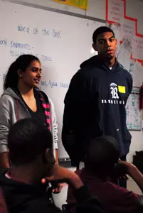 Rice freshmen Reem Moussa and Julian DeBose speak to students at KIPP Liberation College Prep.