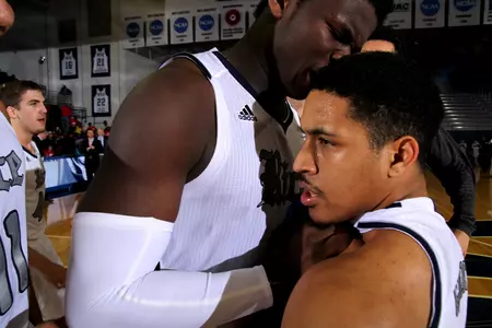 <b>Sean Obi</b> congratulates <b>Max Guercy</b> following his game-winning shot against South Alabama.