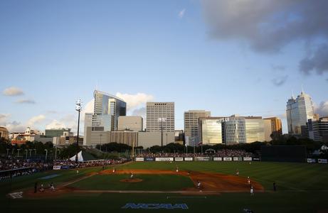 A general view of the field is seen as the Texas A&amp;M University Aggies play against the University of Texas Longhorns during an NCAA Houston Regional college baseball game at Reckling Park on Monday June 2, 2014 in Houston, Texas. University of Texas won 4-1 to advance to the Super Regional. (AP Photo/Aaron M. Sprecher