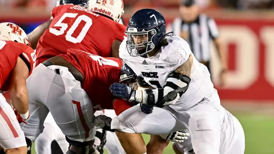 Trey Schuman (7) in action the Bayou Bucket Classic against the Houston Cougars at TDECU Stadium in Houston, Texas.   (Mandatory Credit: Maria Lysaker | Rice Athletics)