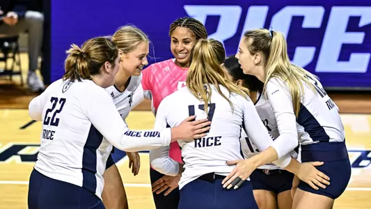 October 12, 2022 : Rice Owls team huddle during the match against the Baylor Bears at Tudor Fieldhouse in Houston, Texas. (Mandatory Credit: Maria Lysaker | Rice Athletics)