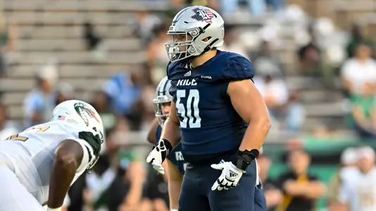 October 01, 2022: Rice Owls defensive lineman Izeya Floyd (50) in action during the first quarter against the UAB Blazers at Rice Stadium in Houston, Texas. Mandatory Credit: Maria Lysaker | Rice Athletics