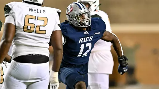 October 01, 2022: Rice Owls linebacker Trey Schumany (12) reacts after sacking UAB Blazers quarterback Dylan Hopkins (9) late in the fourth quarter at Rice Stadium in Houston, Texas. Mandatory Credit: Maria Lysaker | Rice Athletics