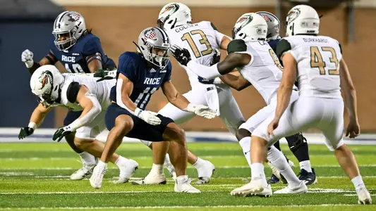 October 01, 2022: Rice Owls wide receiver Tyson Thompson (11) defends on a punt return during the second quarter against the UAB Blazers at Rice Stadium in Houston, Texas. Mandatory Credit: Maria Lysaker | Rice Athletics