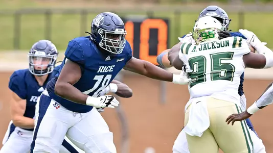 October 29, 2022: Rice Owls offensive lineman Ethan Onianwa (78) in action against the Charlotte 49ers during the second quarter at Rice Stadium in Houston, Texas. Mandatory Credit: Maria Lysaker | Rice Athletics