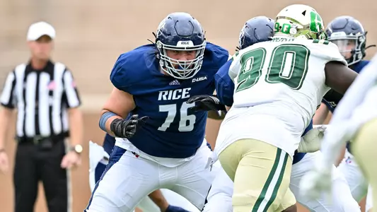October 29, 2022: Rice Owls offensive lineman John Long (76) in action during the first quarter against the Charlotte 49ers at Rice Stadium in Houston, Texas. Mandatory Credit: Maria Lysaker | Rice Athletics