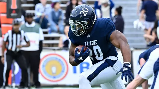 October 29, 2022: Rice Owls running back Uriah West (20) runs the ball during the first quarter against the Charlotte 49ers at Rice Stadium in Houston, Texas. Mandatory Credit: Maria Lysaker | Rice Athletics