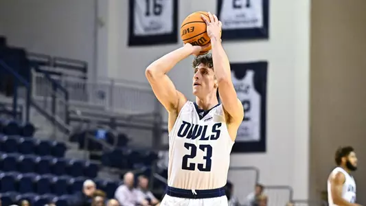 October 31, 2022: Rice Owls guard Alem Huseinovic (23) shoots a free throw during the second half against the Rockhurst Hawks at Tudor Fieldhouse in Houston, Texas. Mandatory Credit: Maria Lysaker | Rice Athletics