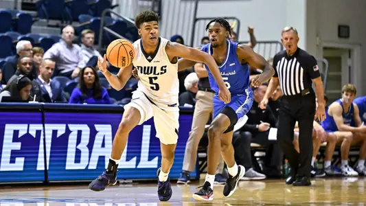 October 31, 2022: Rice Owls guard Cameron Sheffield (5) in action during the second half against the Rockhurst Hawks at Tudor Fieldhouse in Houston, Texas. Mandatory Credit: Maria Lysaker | Rice Athletics