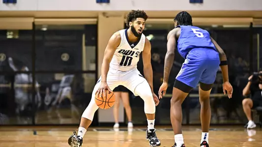 October 31, 2022:  Rice Owls guard Mason Jones (10) dribbles the ball down court  during the first half against the Rockhurst Hawks at Tudor Fieldhouse in Houston, Texas. Mandatory Credit: Maria Lysaker | Rice Athletics