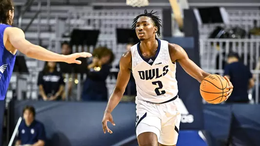 October 31, 2022: Rice Owls guard Mekhi Mason (2) dribbles the ball during the second half against the Rockhurst Hawks at Tudor Fieldhouse in Houston, Texas. Mandatory Credit: Maria Lysaker | Rice Athletics