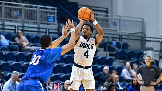 October 31, 2022: Rice Owls guard Quincy Olivari (4) makes a three point basket during the second half against the Rockhurst Hawks at Tudor Fieldhouse in Houston, Texas. Mandatory Credit: Maria Lysaker | Rice Athletics