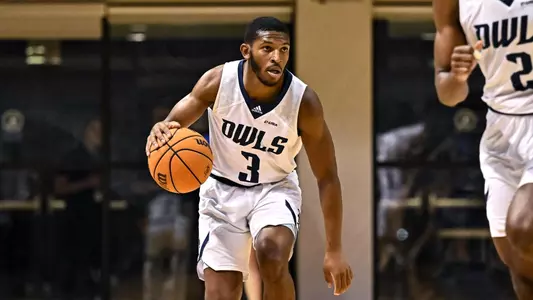 October 31, 2022:  Rice Owls guard Travis Evee (3) dribbles the ball during the first half against the Rockhurst Hawks at Tudor Fieldhouse in Houston, Texas. Mandatory Credit: Maria Lysaker | Rice Athletics