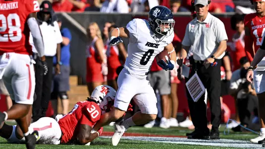 September 24, 2022: Rice Owls running back Dean Connors (0) runs the ball during the first quarter of the Bayou Bucket Classic against the Houston Cougars at TDECU Stadium in Houston, Texas.   (Mandatory Credit: Maria Lysaker | Rice Athletics)