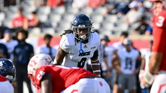 September 10, 2022: Rice Owls linebacker Treshawn Chamberlain (8) in action during the Bayou Bucket Classic against the Houston Cougars at TDECU Stadium in Houston, Texas.   (Mandatory Credit: Maria Lysaker | Rice Athletics)