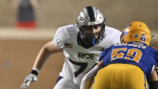 September 10, 2022: Rice Owls offensive lineman Brad Baur (74) in action during the fourth quarter against the Louisiana Ragin Cajuns at Rice Stadium in Houston, Texas.   (Mandatory Credit: Maria Lysaker | Rice Athletics)