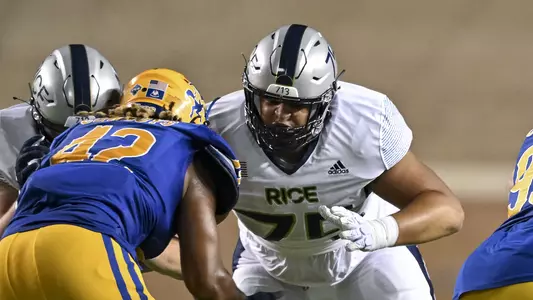 September 10, 2022: Rice Owls offensive lineman Miguel Cedeno (75) in action during the fourth quarter against the Louisiana Ragin Cajuns at Rice Stadium in Houston, Texas. (Mandatory Credit: Maria Lysaker | Rice Athletics)