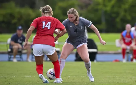 August 21, 2022, Houston, Texas, USA; Rice Owls midfielder Madi Allen (4) in action during the match against the Samford Bulldogs at Holloway Field Rice University.  (Mandatory Credit:  Maria Lysaker | Rice Athletics)