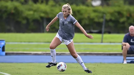 August 21, 2022, Houston, Texas, USA; Rice Owls forward Grace Collins (9) in action during the match against the Samford Bulldogs at Holloway Field Rice University.  (Mandatory Credit:  Maria Lysaker | Rice Athletics)