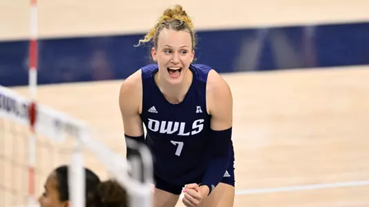 Emilia Weske celebrates a point for Rice volleyball
