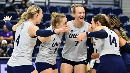 The Rice volleyball team celebrates a point during a recent match