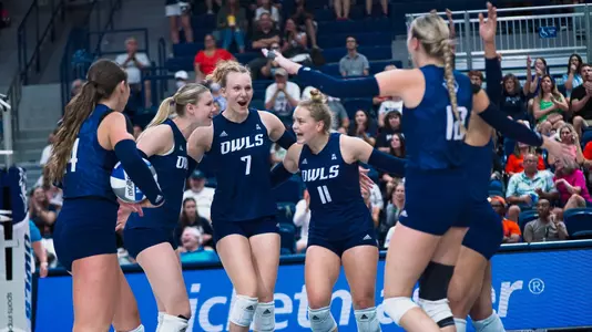 Rice volleyball celebrates a point during a recent match