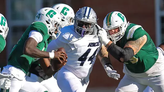 November 18, 2023:  NCAA football game between Rice University and UNC-Charlotte, at Jerry Richardson Stadium, Charlotte, North Carolina.  David Beach