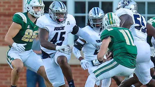 November 18, 2023:  NCAA football game between Rice University and UNC-Charlotte, at Jerry Richardson Stadium, Charlotte, North Carolina.  David Beach